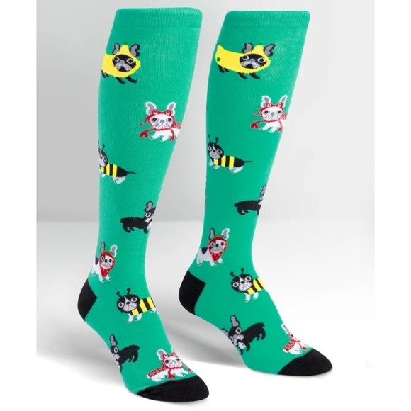 Sock It To Me Novelty Knee High Socks‎ Frenchie Dogs in Costume Fun Socks O/S - Picture 1 of 4